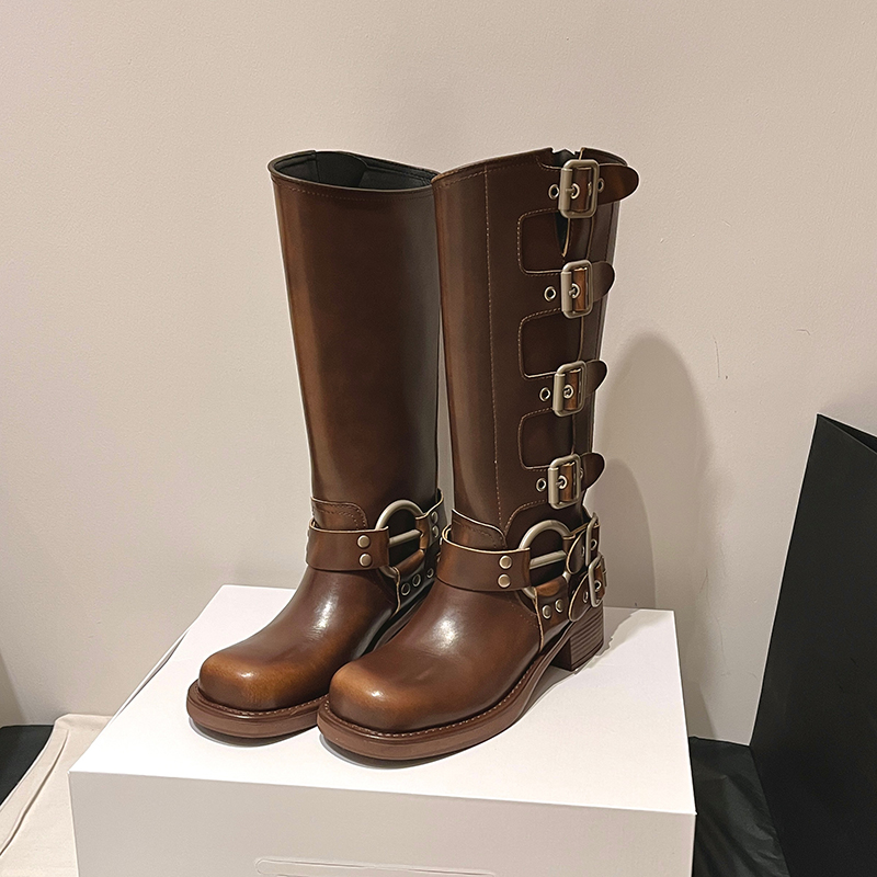 Yi Mengling Style Chunky Heel Western Cowboy Boots for Women - Genuine Leather Long Tube Brown Riding Boots Yi Mengling Style Chunky Heel Western Cowboy Boots for Women - Genuine Leather Long Tube Brown Riding Boots