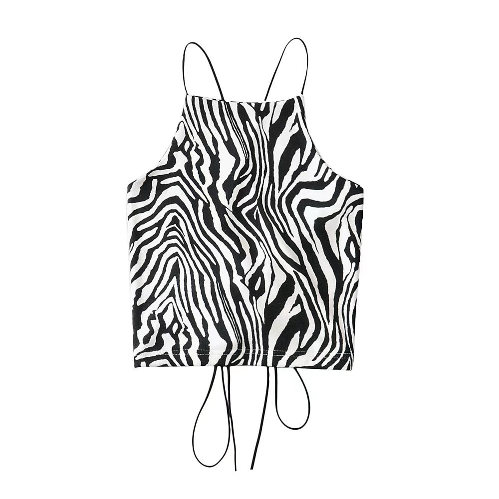Zebra Print Halter Crop Top - Backless Tie-Up Design, Sexy European & American Style, Trendy Y2K Fashion Zebra Print Halter Crop Top - Backless Tie-Up Design, Sexy European & American Style, Trendy Y2K Fashion
